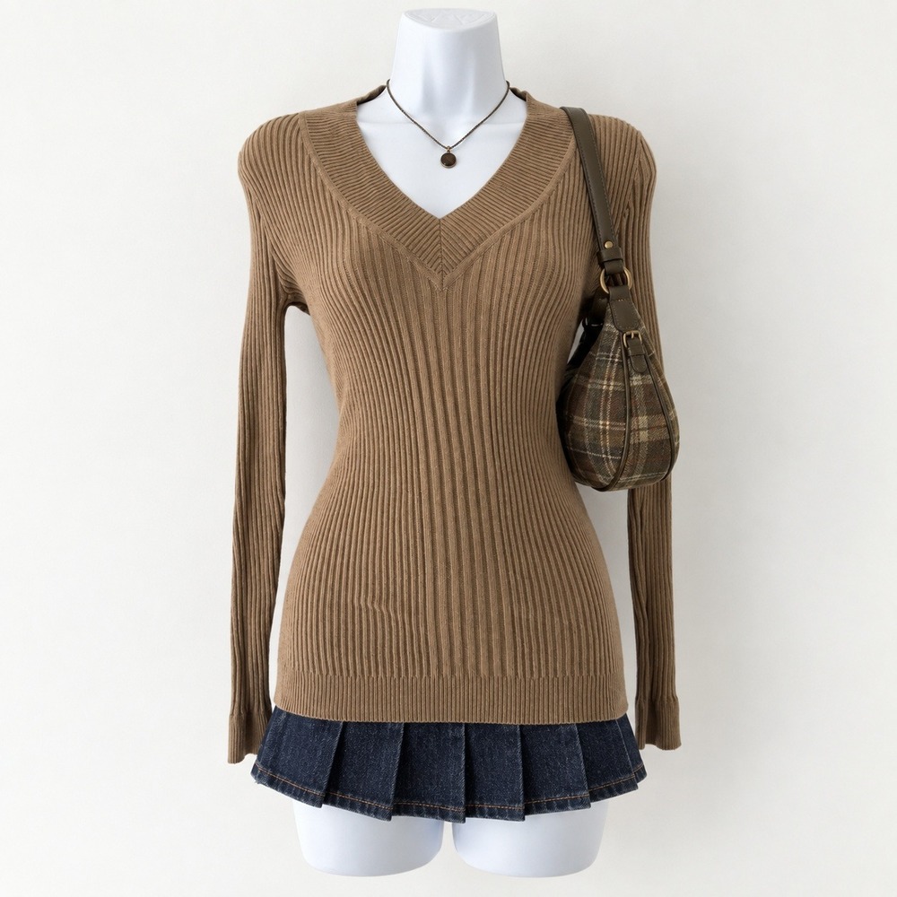 Authentic Y2K Ribbed V Neck Sweater Top Tan Preppy‎ Academia Women's Size M